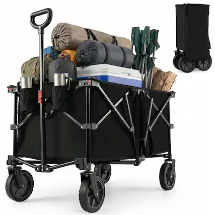 Front. Gymax - Gymax 38'' Collapsible Wagon Cart w/All-Terrain Wheels 2 Cup Holders Adjustable Handle - Black.