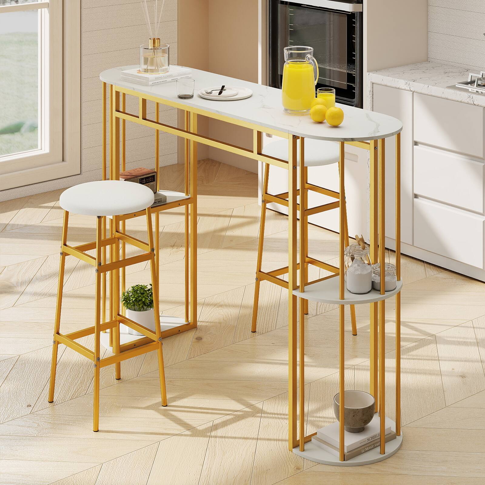 Alt View 1. Gymax - Gymax 60'' Long Bar Table Narrow Pub Table w/Faux Marble Tabletop & Storage Shelves White - White.