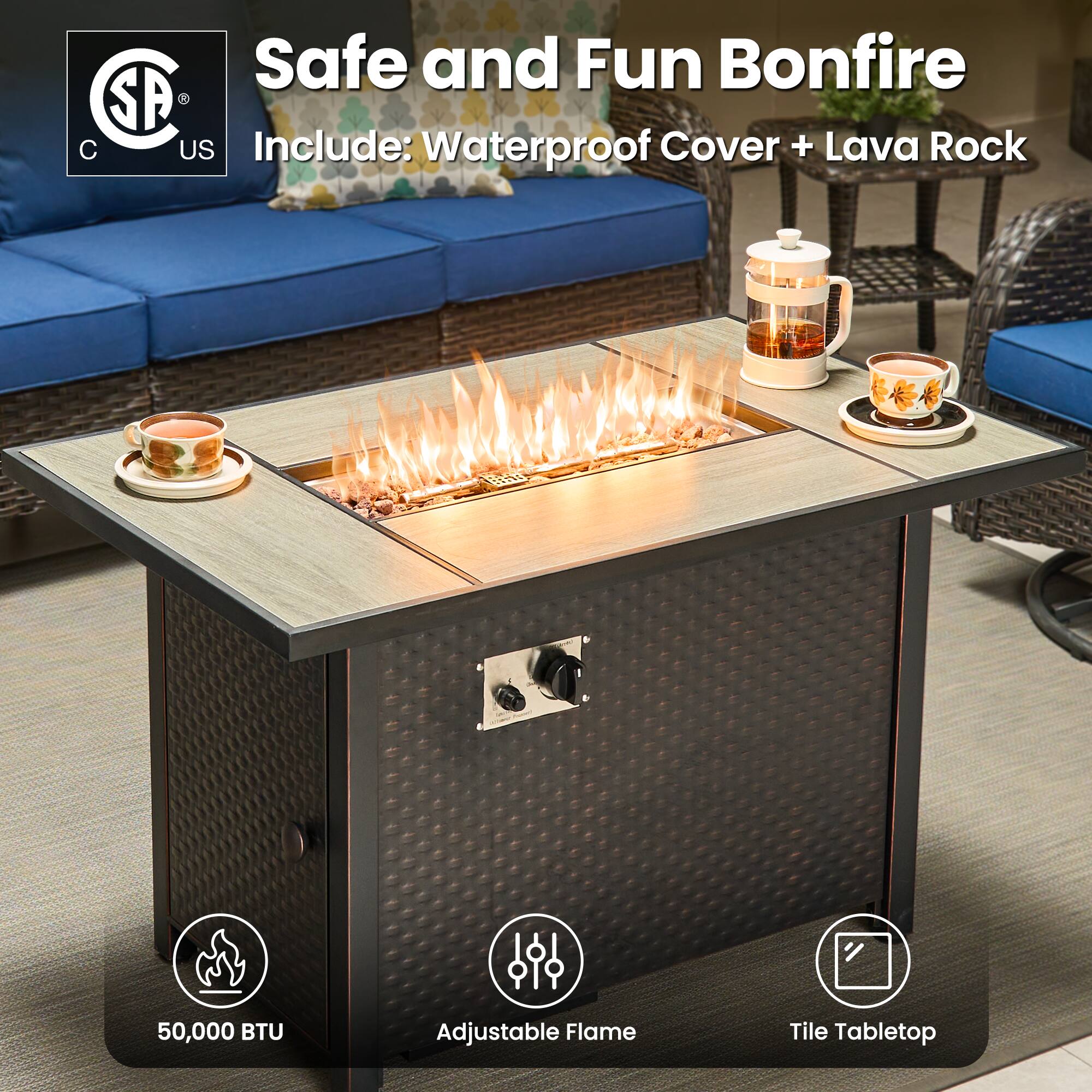 Safe and Fun Bonfire  
Include: Waterproof Cover + Lava Rock  

50,000 BTU  
Adjustable Flame  
Tile Tabletop