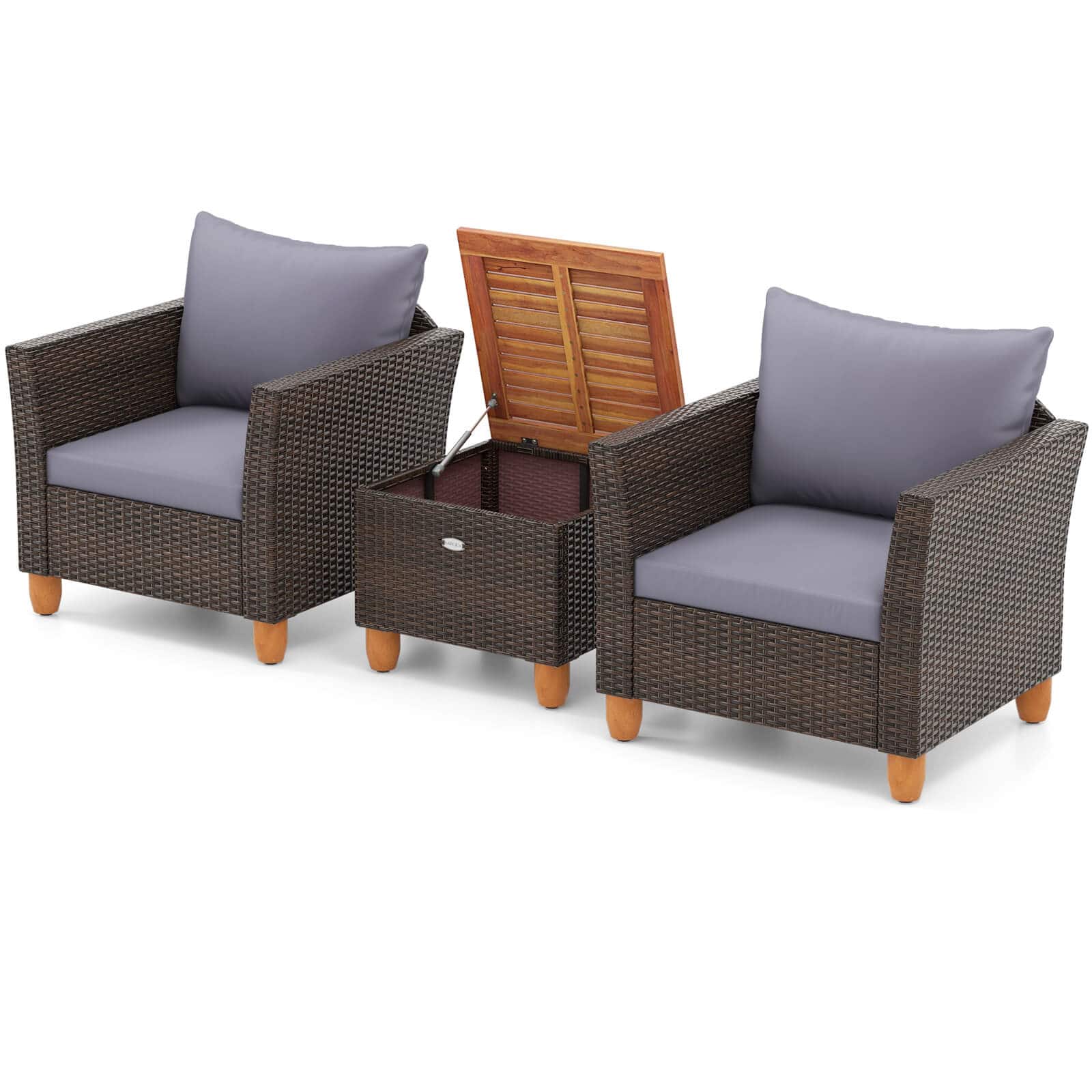 Front. Costway - 3 PCS Outdoor Patio Rattan Bistro Furniture Set Wooden Table Top Cushioned Sofa - Grey.