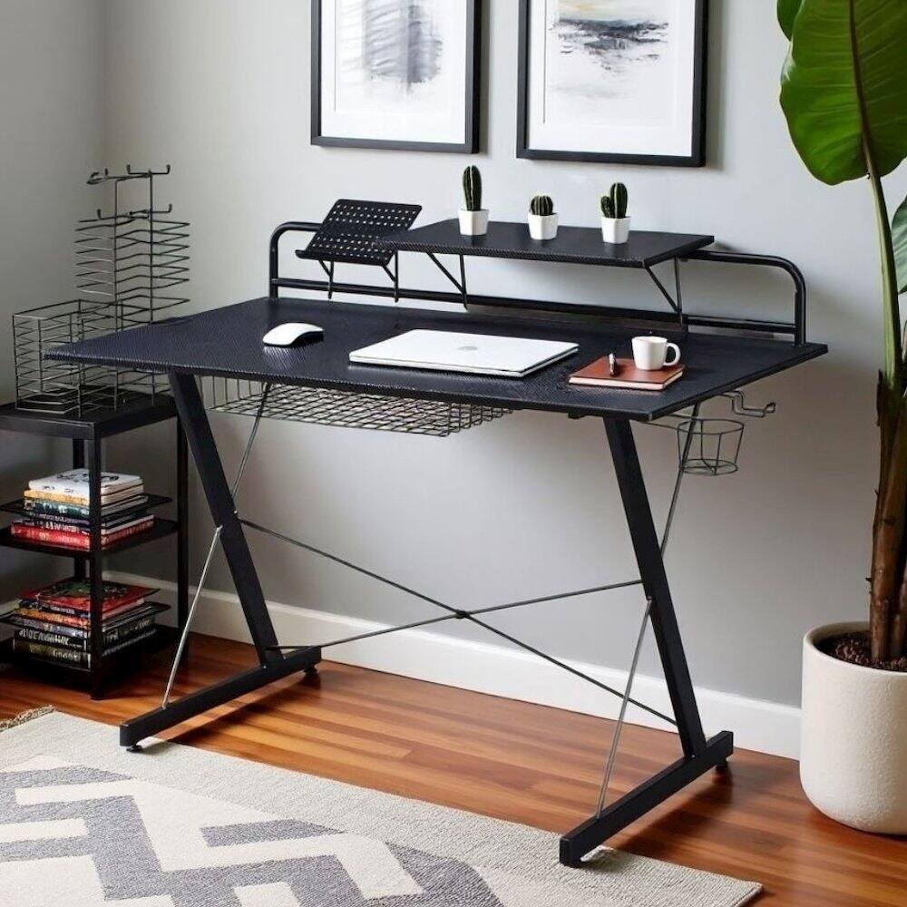 Alt View 2. FurniFact - Black Gaming Table With Storage Tray - Black.