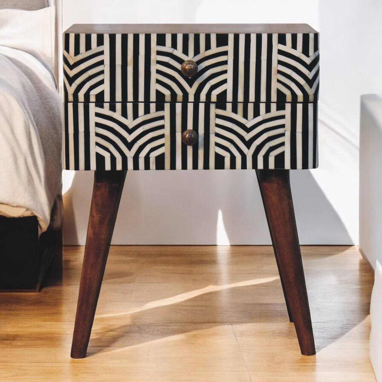 Alt View 6. Artisan Furniture - Artisan Furniture Solid Wood Honey Caramel Edessa Bone Inlay Bedside, 2 Drawers, Nordic Legs, Black and White - Caramel.