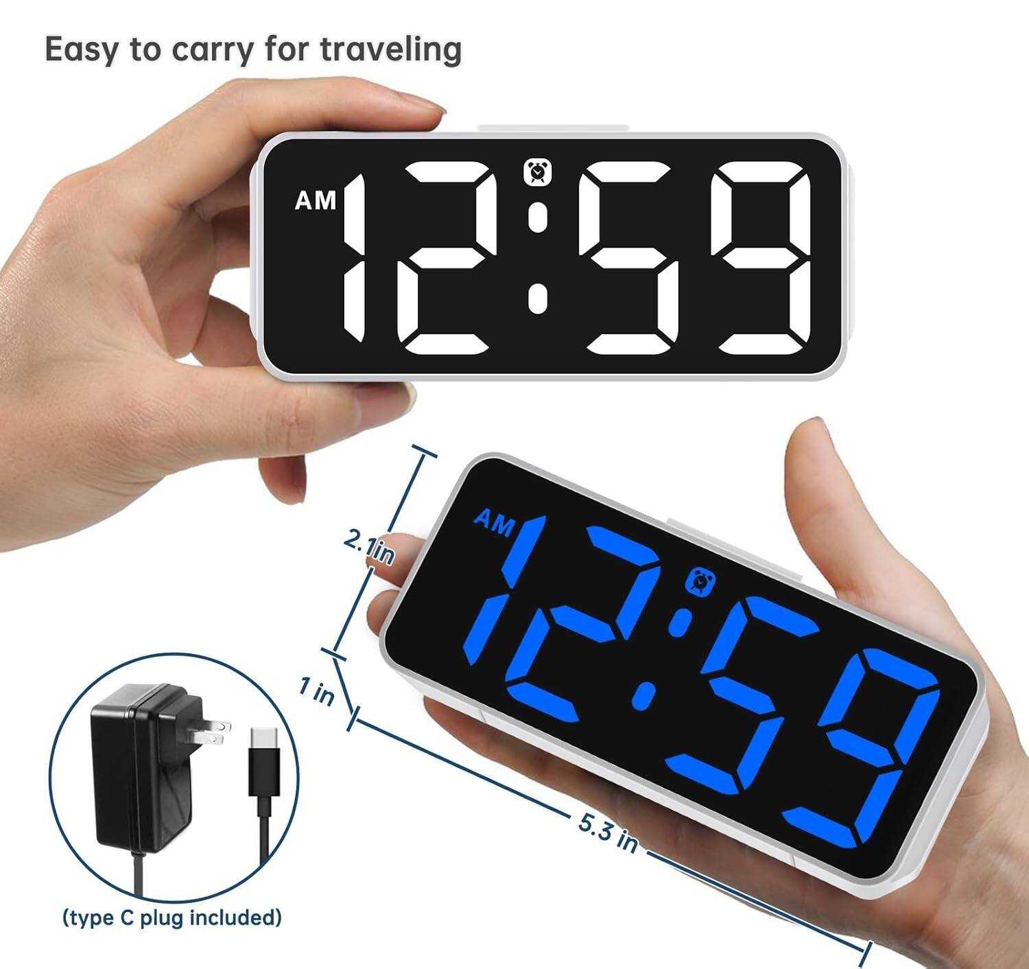 Easy to carry for traveling  
AM 12:59  
2.1 in  
1 in  
5.3 in (type C plug included)