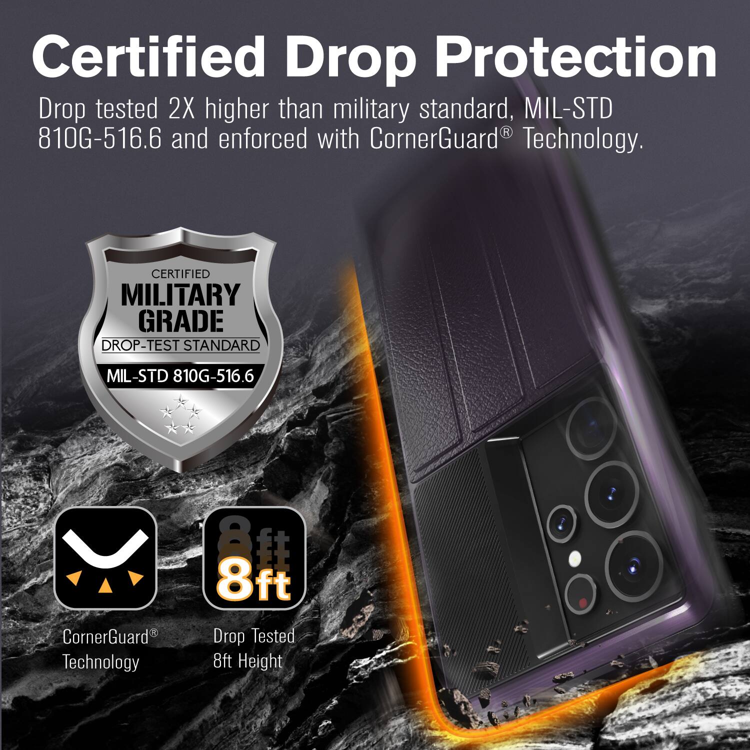 Certified Drop Protection, Drop tested 2X higher than military standard, MIL-STD 810G-516.6 and enforced with CornerGuard Technology. CERTIFIED MILITARY GRADE DROP-TEST STANDARD MIL-STD 810G-516.6 CornerGuard Technology 8ft Drop Tested 8ft Height