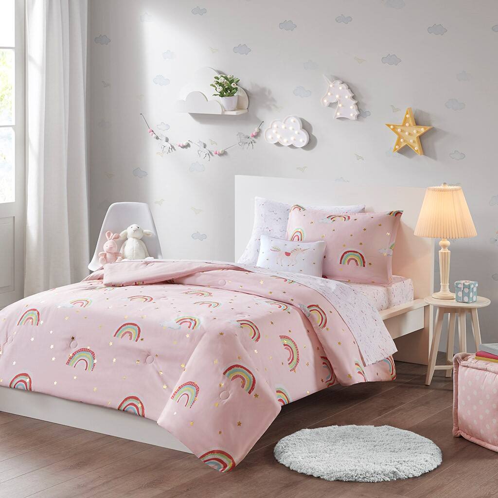 Alt View 1. Gracie Mills - Gracie Mills Thyme Rainbow and Metallic Stars Comforter Set with Coordinating Bed Sheets - Pink.