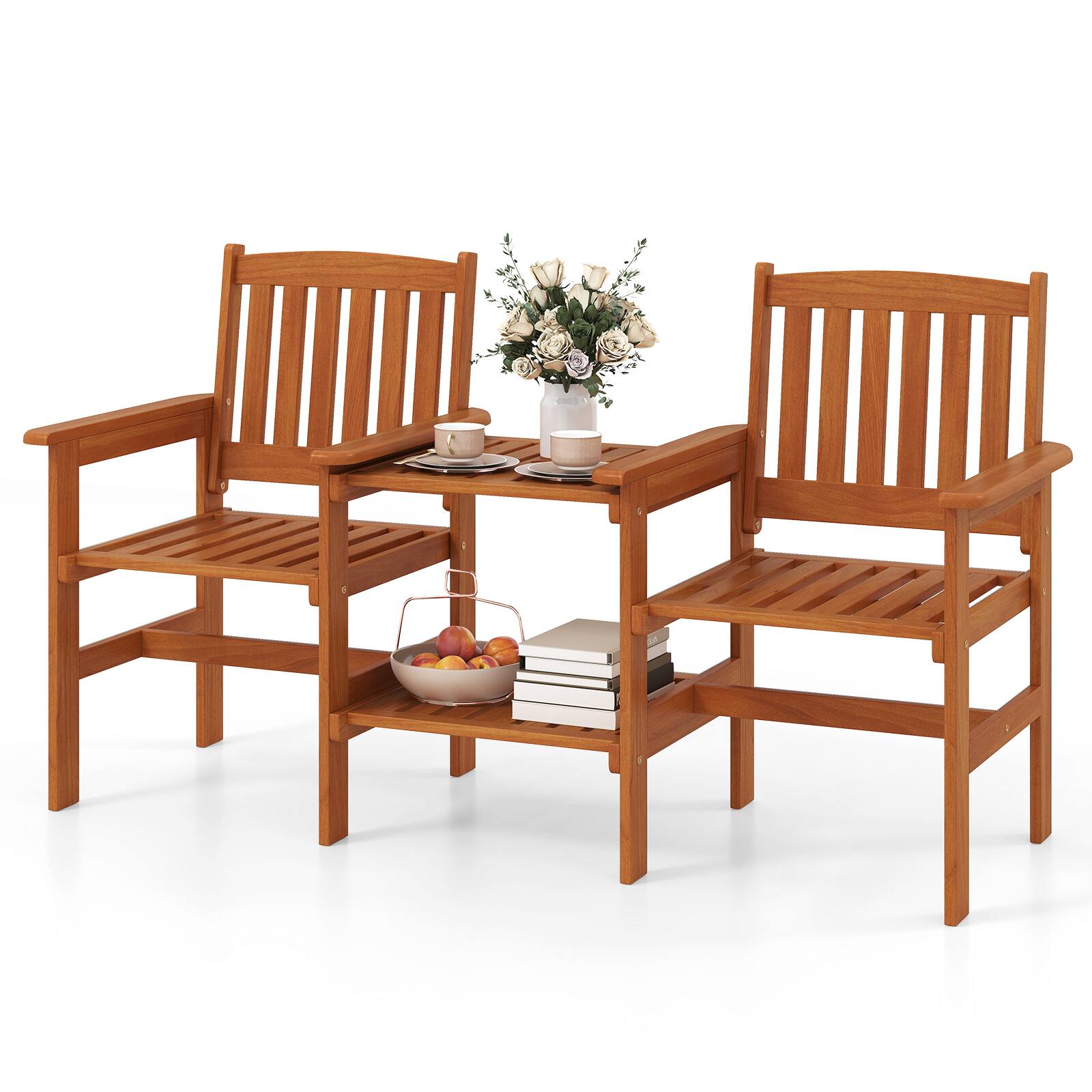 Alt View 8. Gymax - Gymax Outdoor Wood Bench Loveseat w/ Built-in Table 1.57'' Umbrella Hole for Porch - Natural.