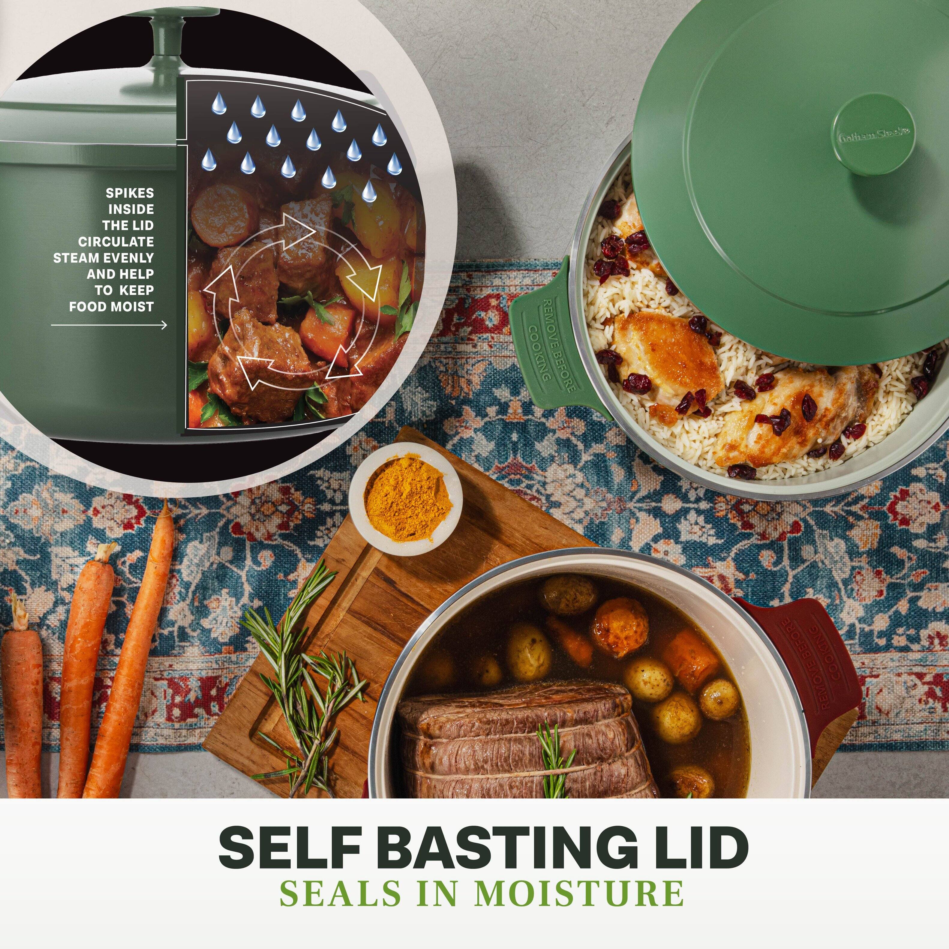 SPIKES INSIDE THE LID CIRCULATE STEAM EVENLY AND HELP TO KEEP FOOD MOIST

SELF BASTING LID
SEALS IN MOISTURE