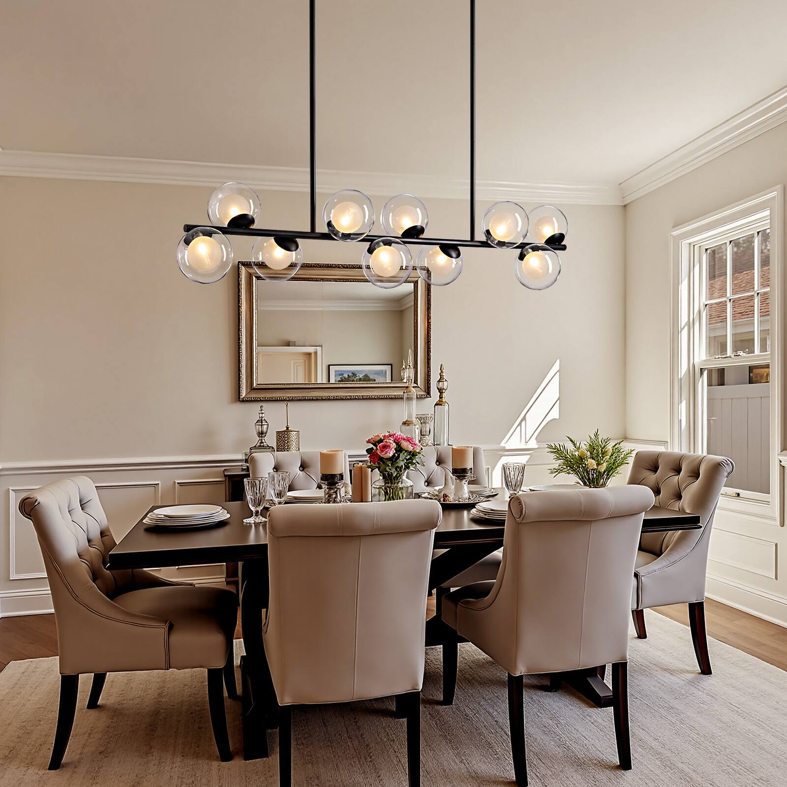 Alt View 7. Siljoy - Modern 10-Light Dimmable Linear Chandelier Clear Double Glass Gold Adj. Height – For Dining Kitchen Bedroom - Black.