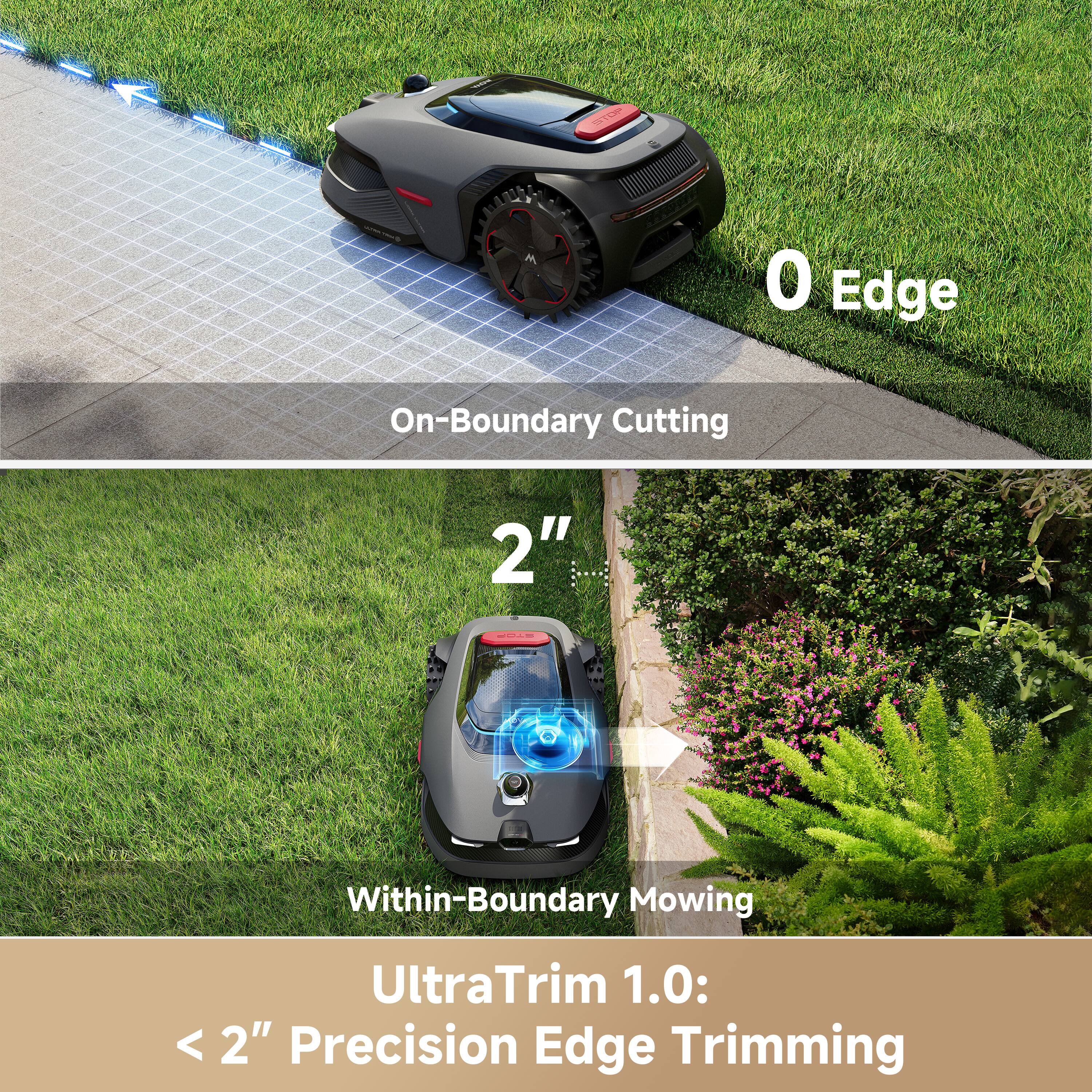 0 Edge On-Boundary Cutting  
2" Within-Boundary Mowing  
UltraTrim 1.0: < 2" Precision Edge Trimming