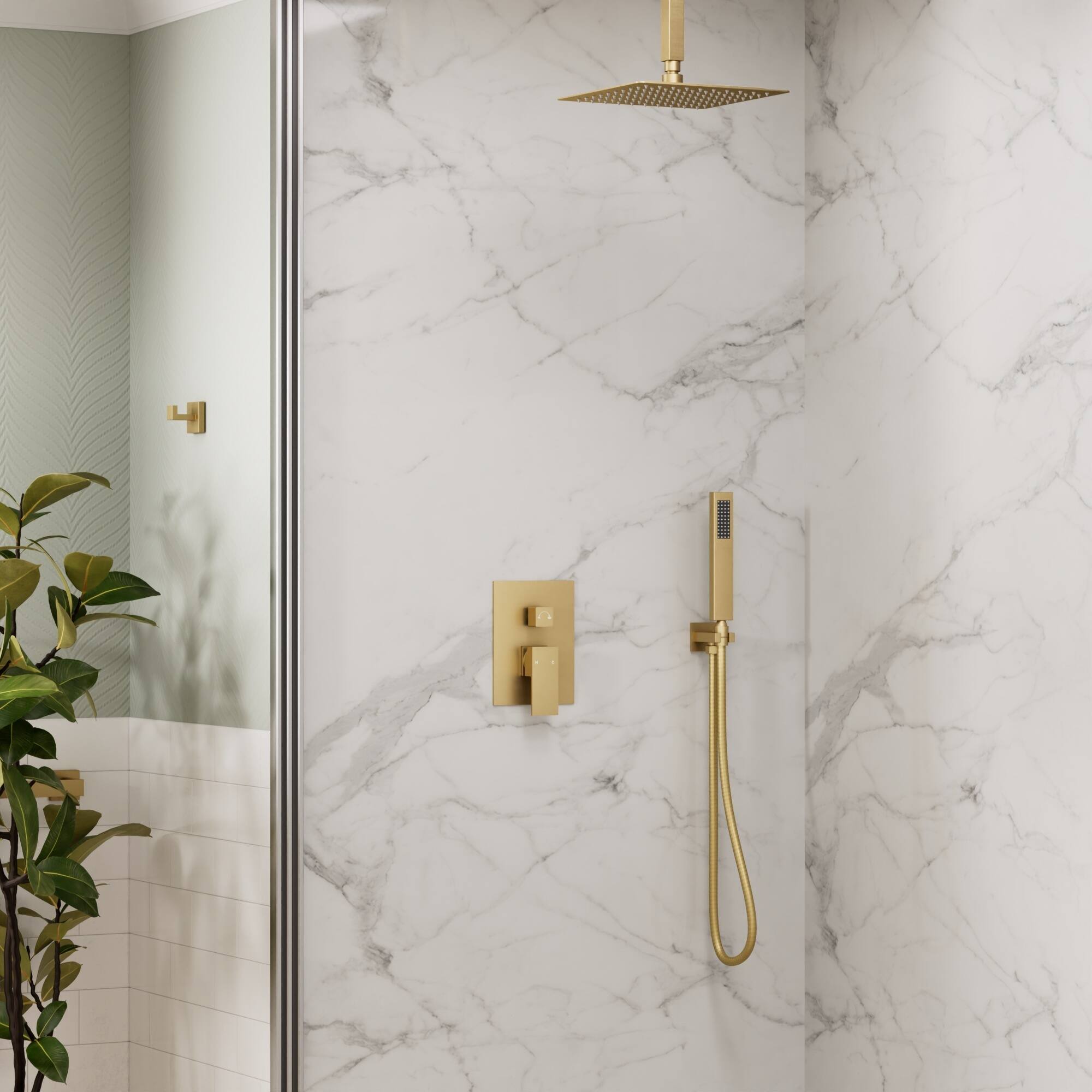 Angle. GRANDJOY - Durable 10-Inch Rainfall Shower Faucet Set, 2-Mode Handheld, Anti-Fingerprint Coating, Water-Saving Design - Brushed Gold.