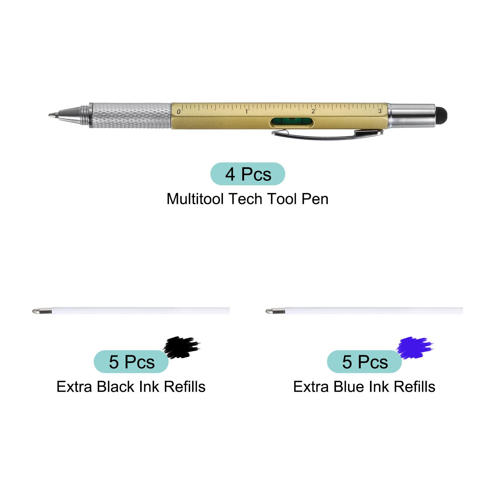 4 Pcs Multitool Tech Tool Pen  
5 Pcs Extra Black Ink Refills  
5 Pcs Extra Blue Ink Refills