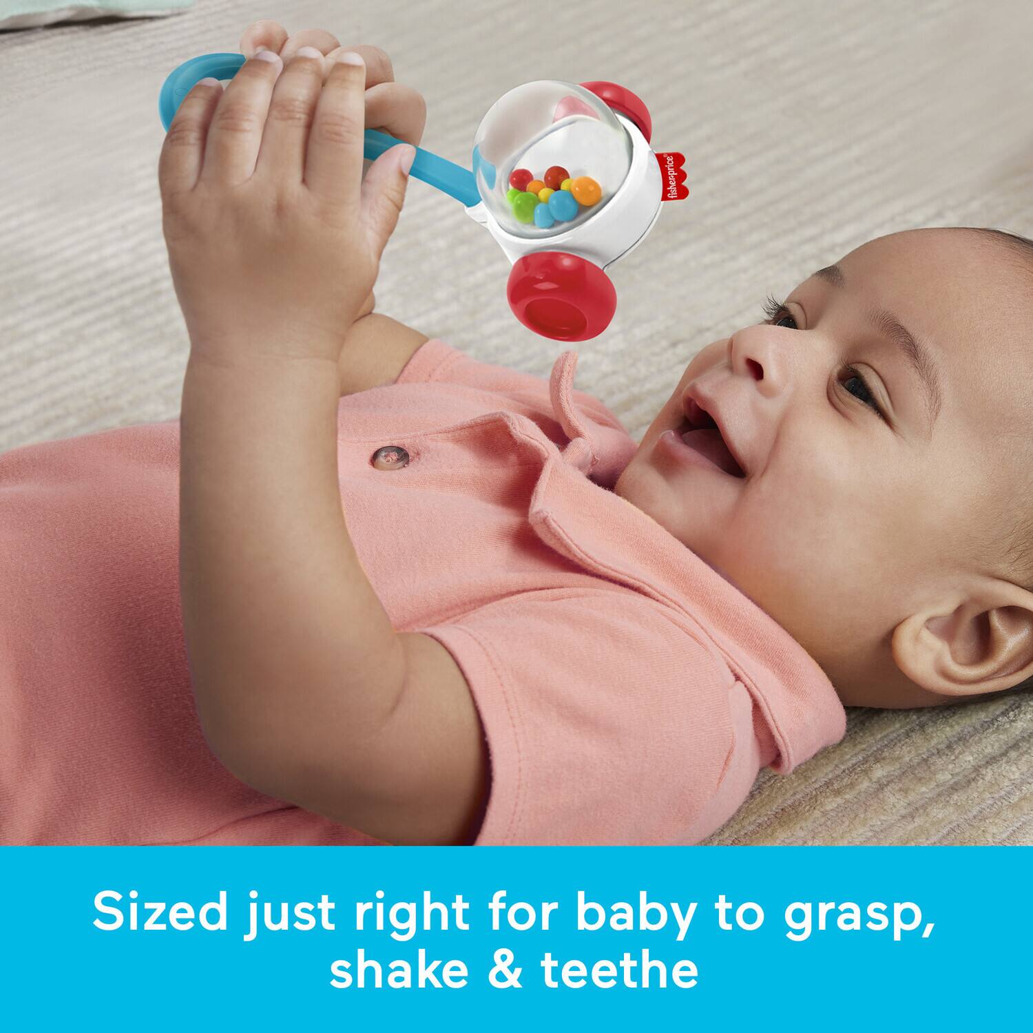 Sized just right for baby to grasp, shake & teethe