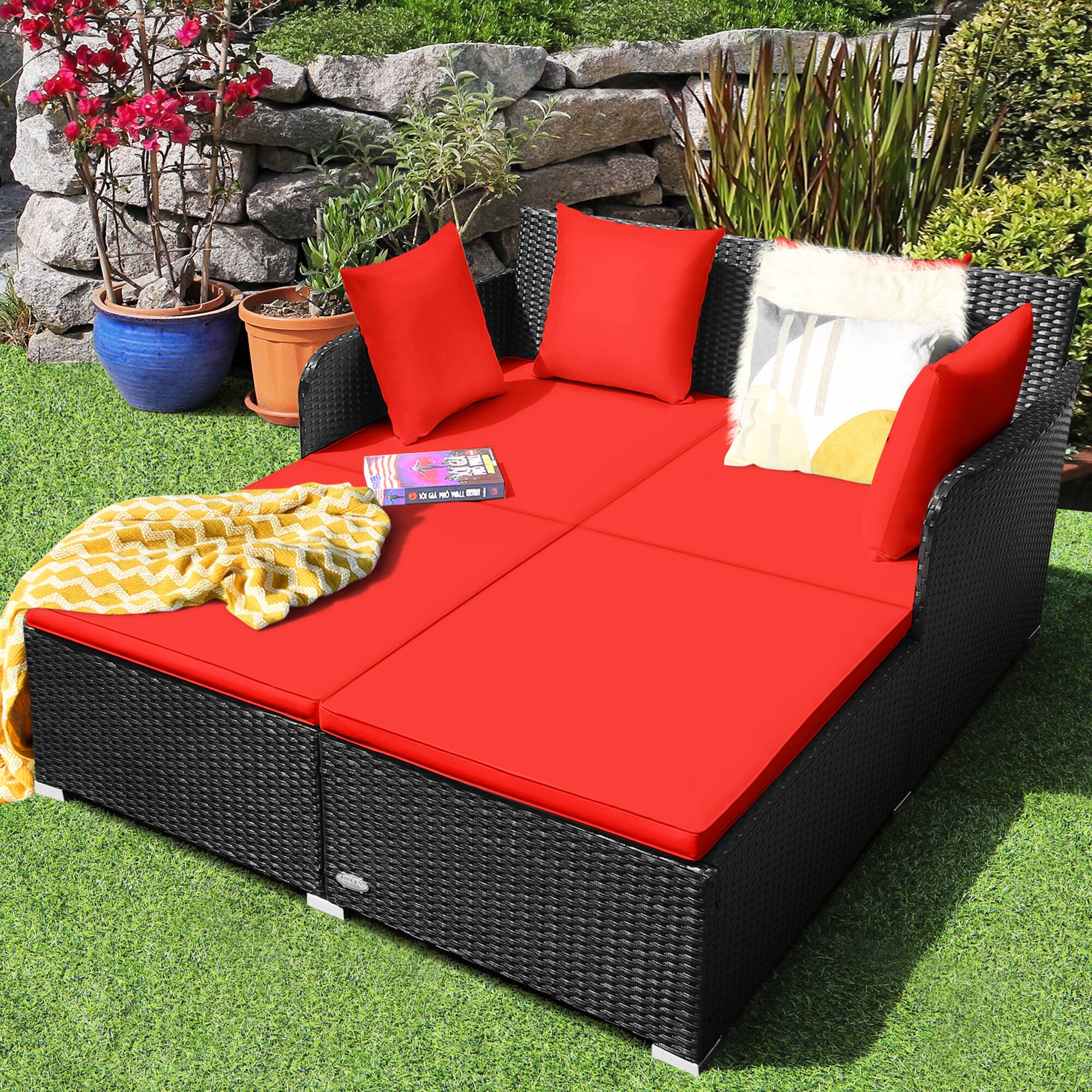 Alt View 2. Gymax - Gymax Rattan Patio Daybed Loveseat Sofa Yard Outdoor w/ Red Cushions Pillows - Red.