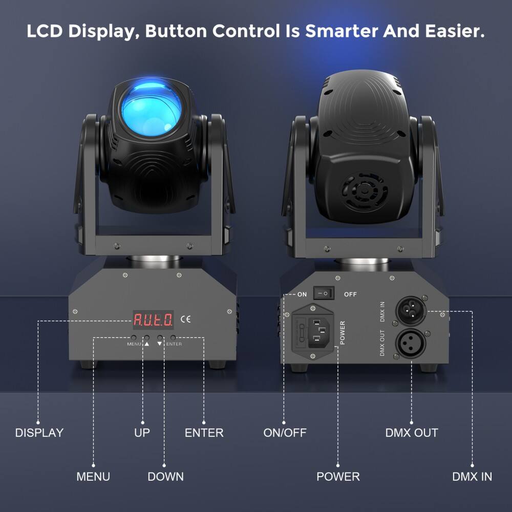 LCD Display, Button Control Is Smarter And Easier.

R.U.E.O. CE

MENU ENTER 9 ON OFF POWER IN DMX OUT DMX DISPLAY UP ENTER ON/OFF DMX OUT MENU DOWN POWER DMX IN