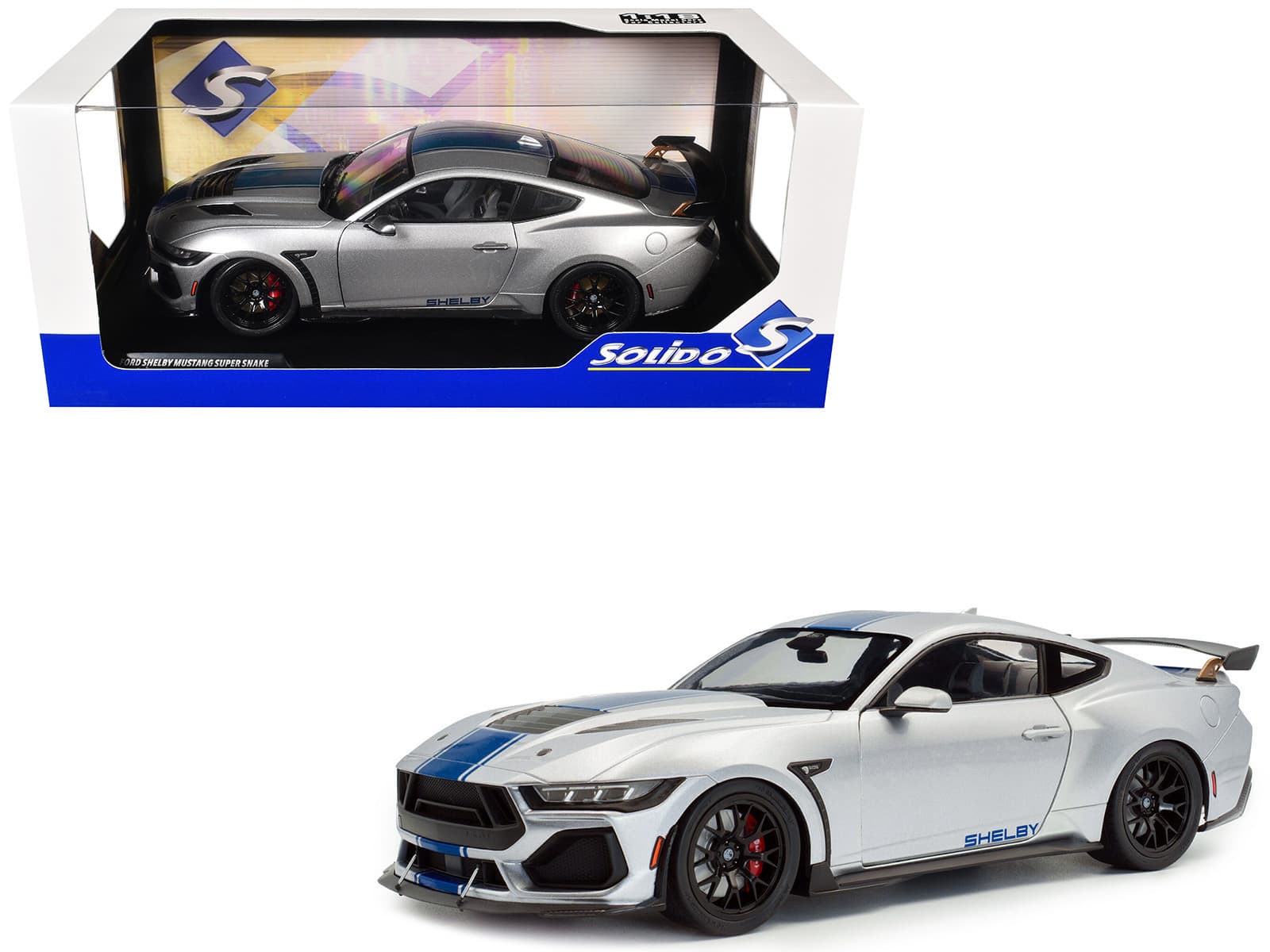 2024 Ford Shelby Mustang Super Snake Gray Metallic with Blue Stripes 1/18 Diecast Model Car by Solido price history on PriceWatchPro