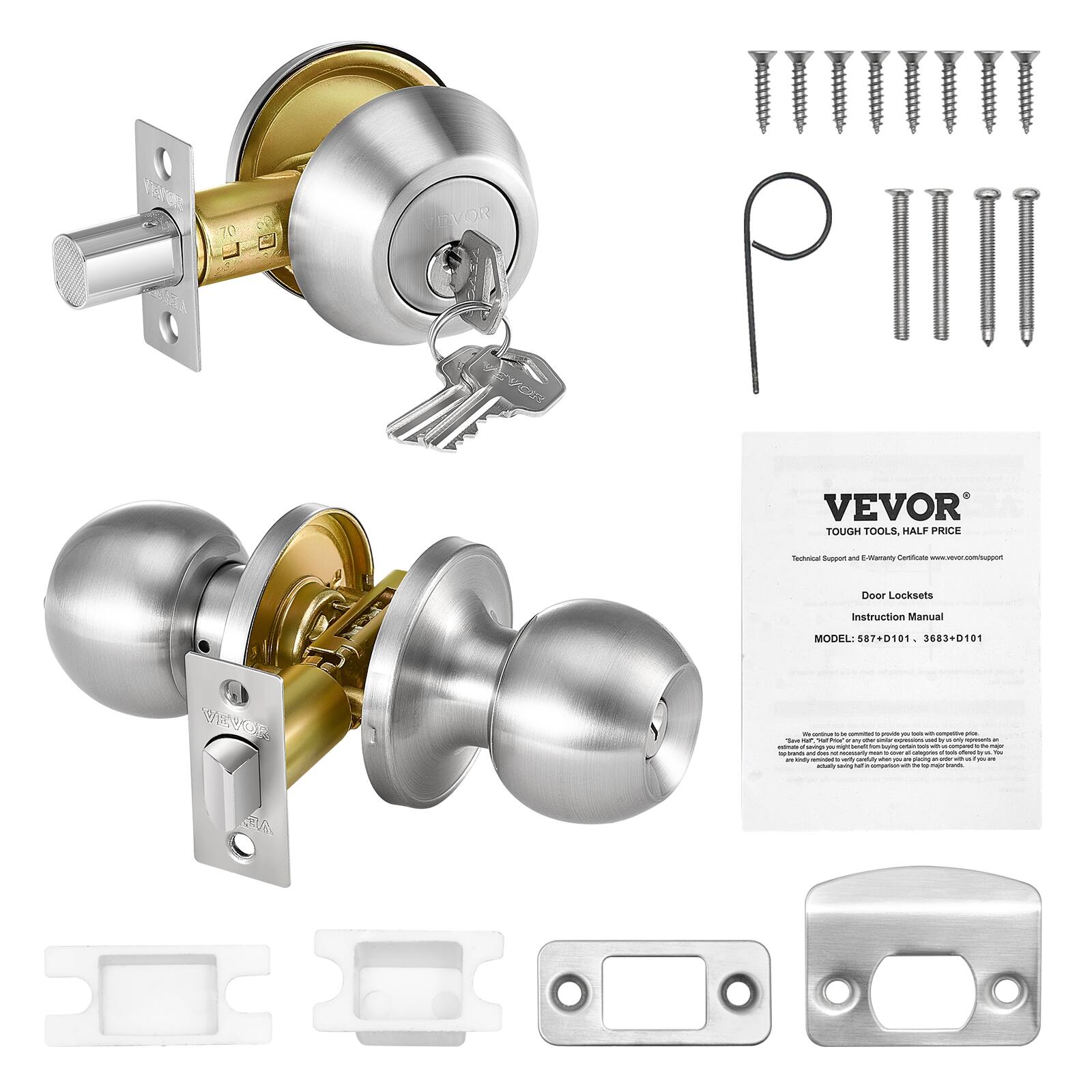 VEVOR TOUGH TOOLS. HALF PRICE. Door Locksets Instruction Manual. MODEL: 587-D101, 3683+D101.