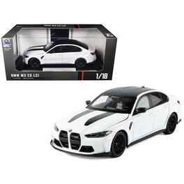 BMW M3 CS LCI White Metallic with Matt Black Top and Hood Stripes 1/18 Diecast Model Car by Heimanba