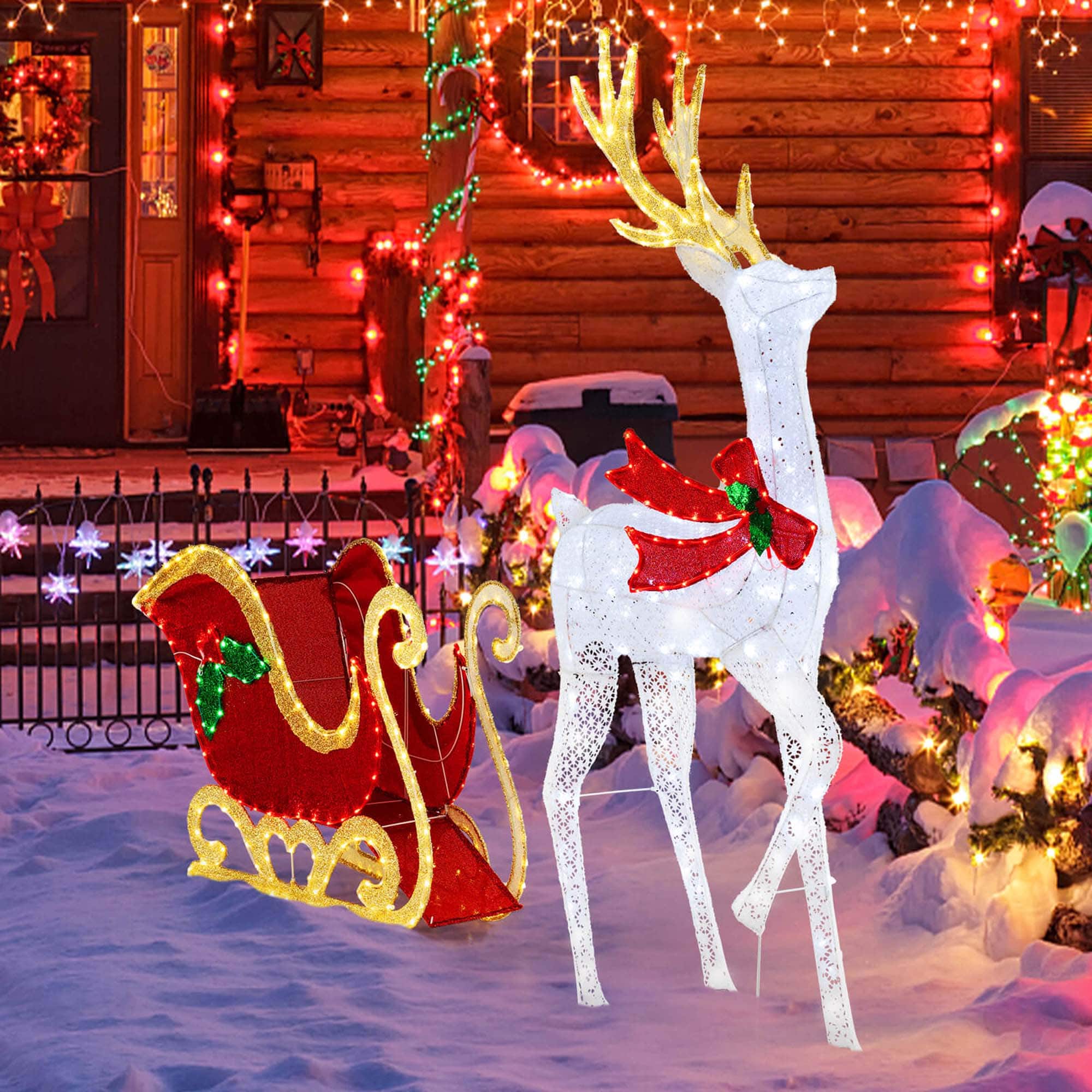 Front. Costway - Costway Lighted Christmas Reindeer & Sleigh Set Light-up Xmas Decorations with 462 LED Lights Advent Calendar - White.