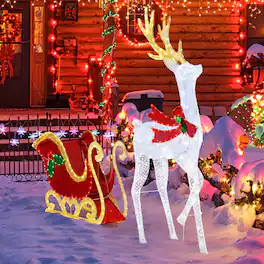 Costway - Lighted Christmas Reindeer & Sleigh Set Light-up Xmas Decorations with 462 LED Lights Advent Calendar - White