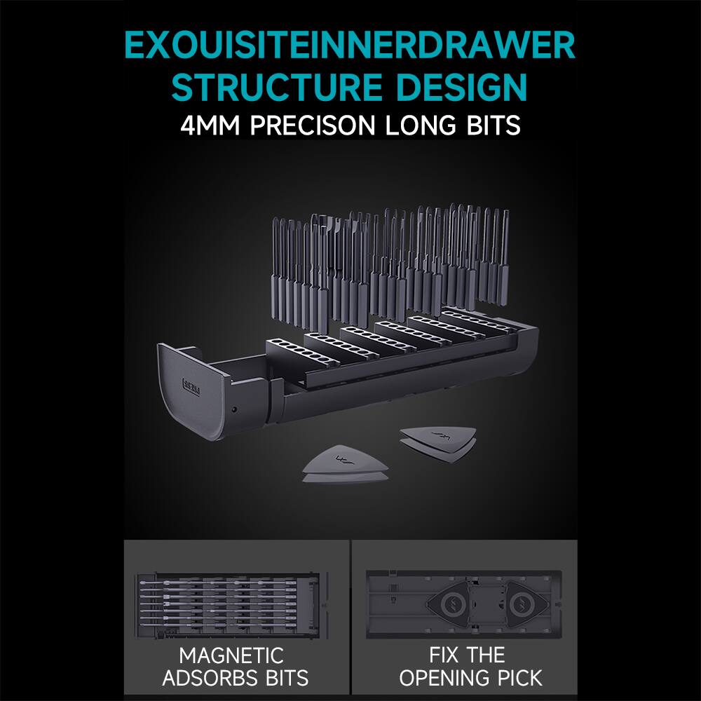 EXQUISITE INNER DRAWER STRUCTURE DESIGN  
4MM PRECISION LONG BITS  

MAGNETIC ADSORBS BITS  
FIX THE OPENING PICK