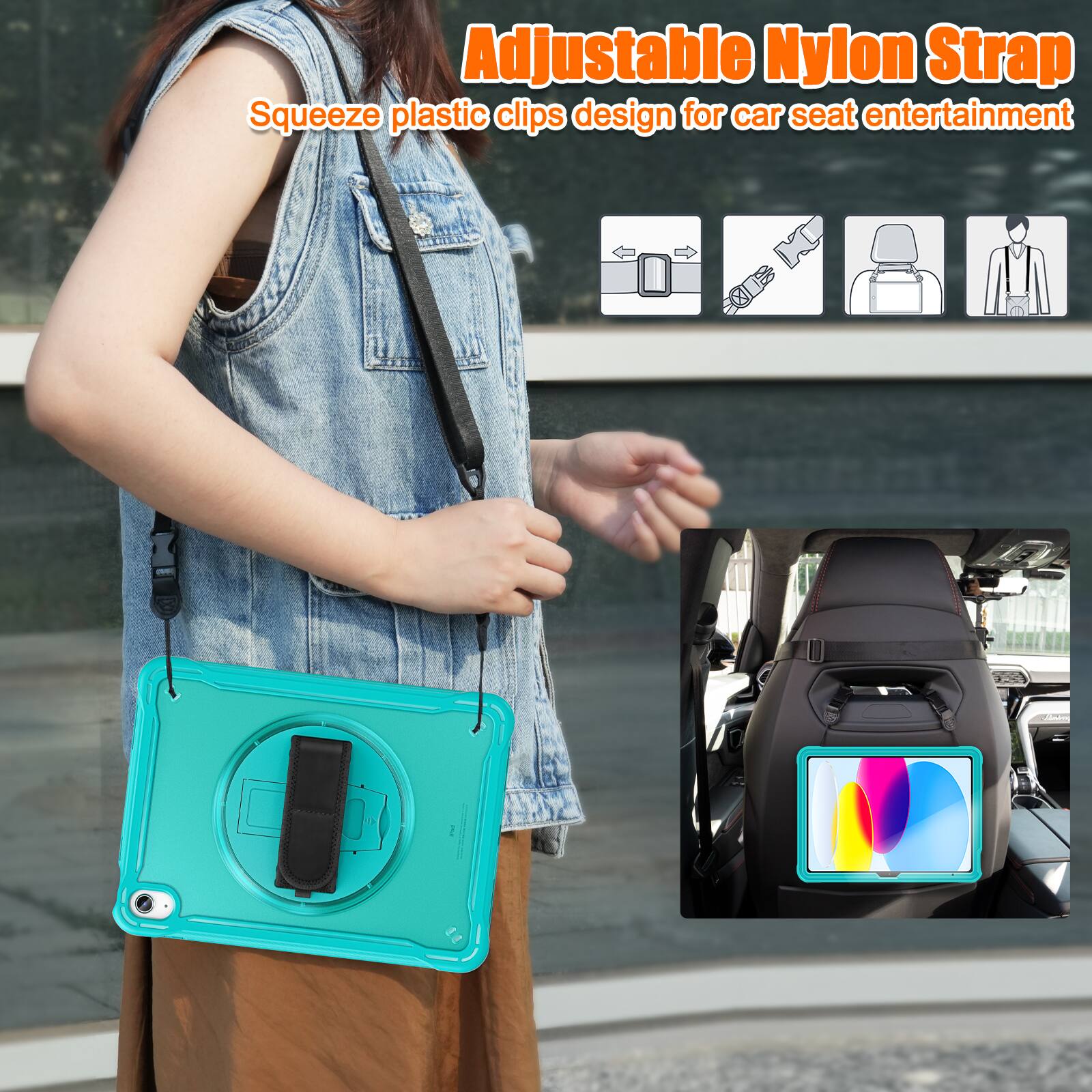 Adjustable Nylon Strap  
Squeeze plastic clips design for car seat entertainment