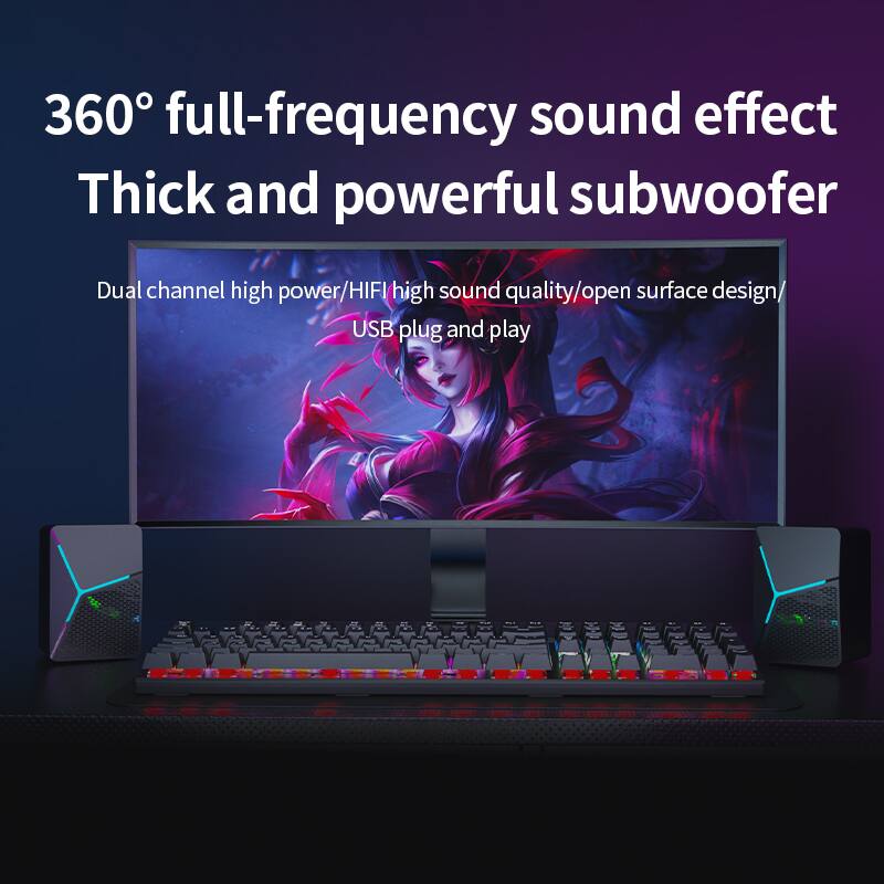 360° full-frequency sound effect  
Thick and powerful subwoofer  

Dual channel high power/HIFI high sound quality/open surface design/USB plug and play