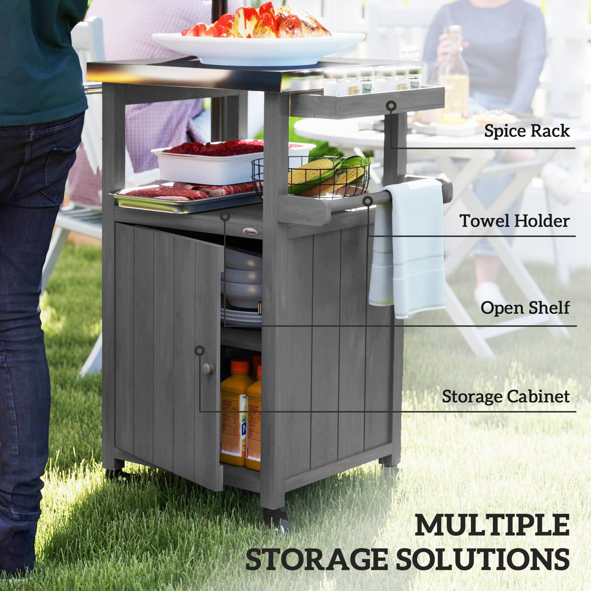 Spice Rack  
Towel Holder  
Open Shelf  
Storage Cabinet  

MULTIPLE STORAGE SOLUTIONS