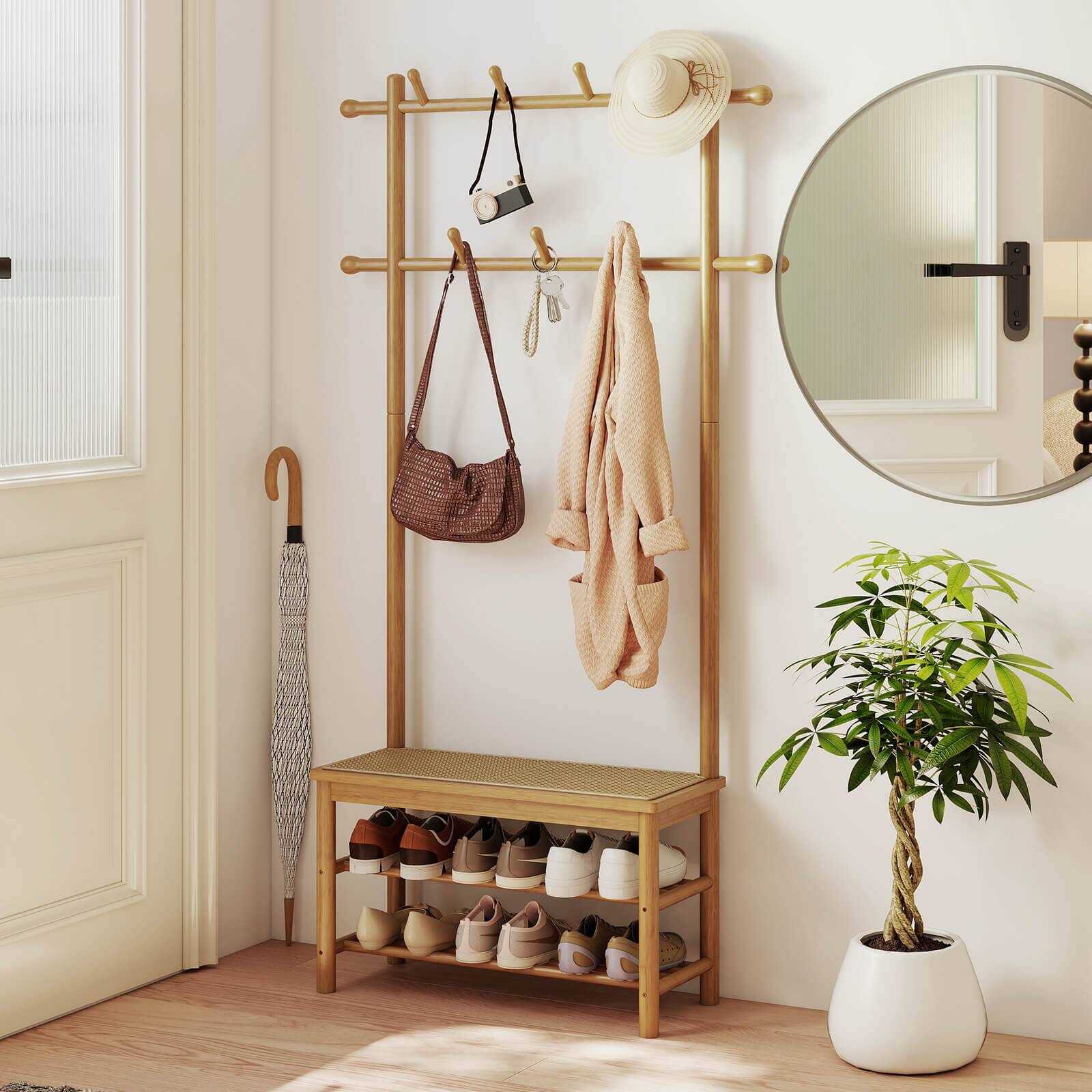 Alt View 3. Costway - Costway Bamboo Coat Rack with Bench Shoe Storage 2 Hanging Rods 11 Hanging Hooks Shelves - Beige.