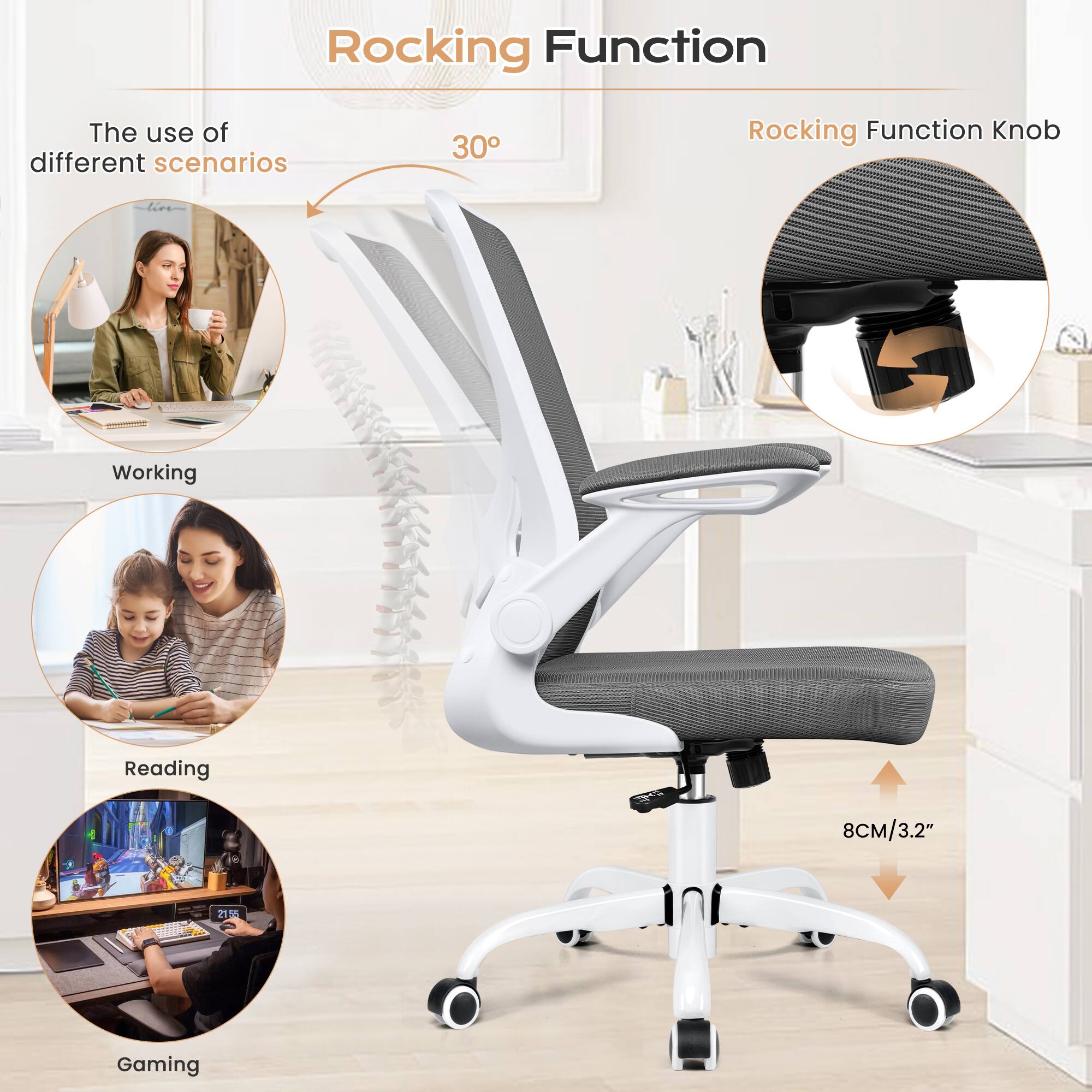 Rocking Function

The use of different scenarios

Working

Reading

Gaming

Rocking Function Knob

30°

8CM/3.2"