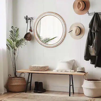 Front. PAIHOME - Round Wall Mirror for Bathroom Vanity, Wooden Farmhouse Circle Mirrors for Bedroom, Entryway, Living Room - 27.5” ×27.5"-White.