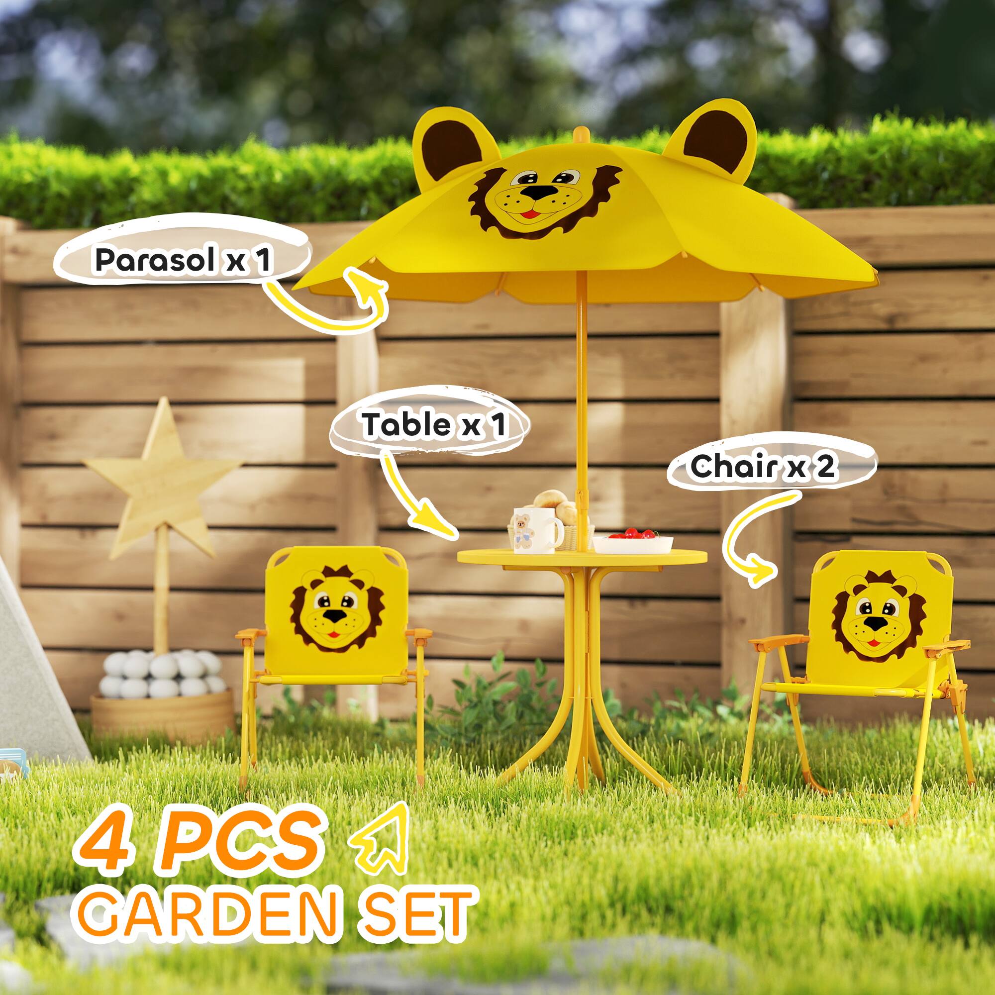 Parasol x 1  
Table x 1  
Chair x 2  

4 PCS GARDEN SET