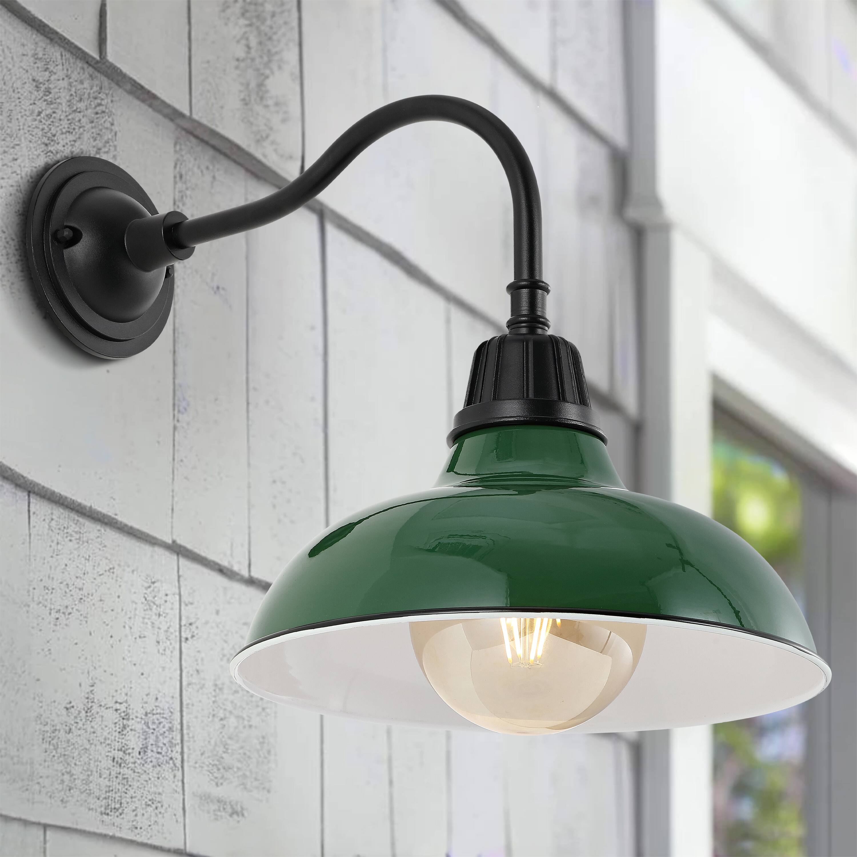 Alt View 6. Jonathan Y - Aurora 12.25" 1-Light Farmhouse Industrial Indoor/Outdoor Iron LED Gooseneck Arm Outdoor Sconce, Green - Green/Black.