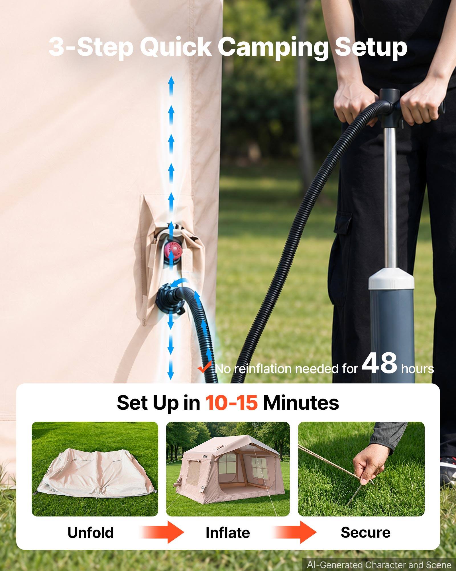 3-Step Quick Camping Setup

No reinflation needed for 48 hours

Set Up in 10-15 Minutes

Unfold
Inflate
Secure

AI-Generated Character and Scene
