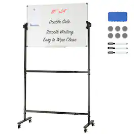 VEVOR - Rolling Magnetic Whiteboard, Double-sided Mobile Whiteboard 36x24 Inches, Adjustable Height Dry Erase Board with Wheels - Black