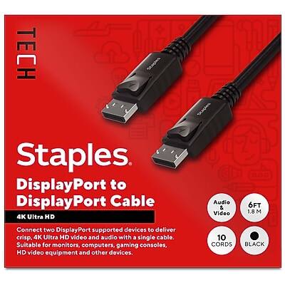 Staples TECH - 6 ft. DisplayPort to DisplayPort Audio/Video Cable, Male to Male, 10/Pack (ST62475) - Black