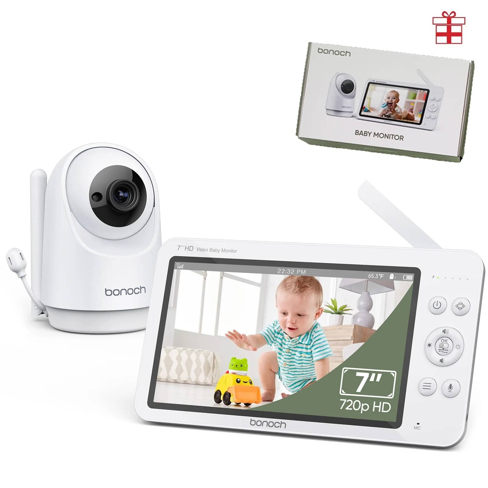 bonoch BABY MONITOR, bonoch V, 22:32 PM, 65.3F, 1ka OK, bonoch 7" 720p HD, MC