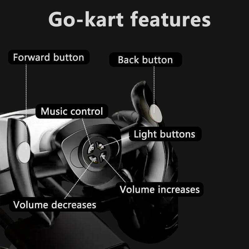Go-kart features

- Forward button
- Back button
- Music control
- Light buttons
- Volume increases
- Volume decreases