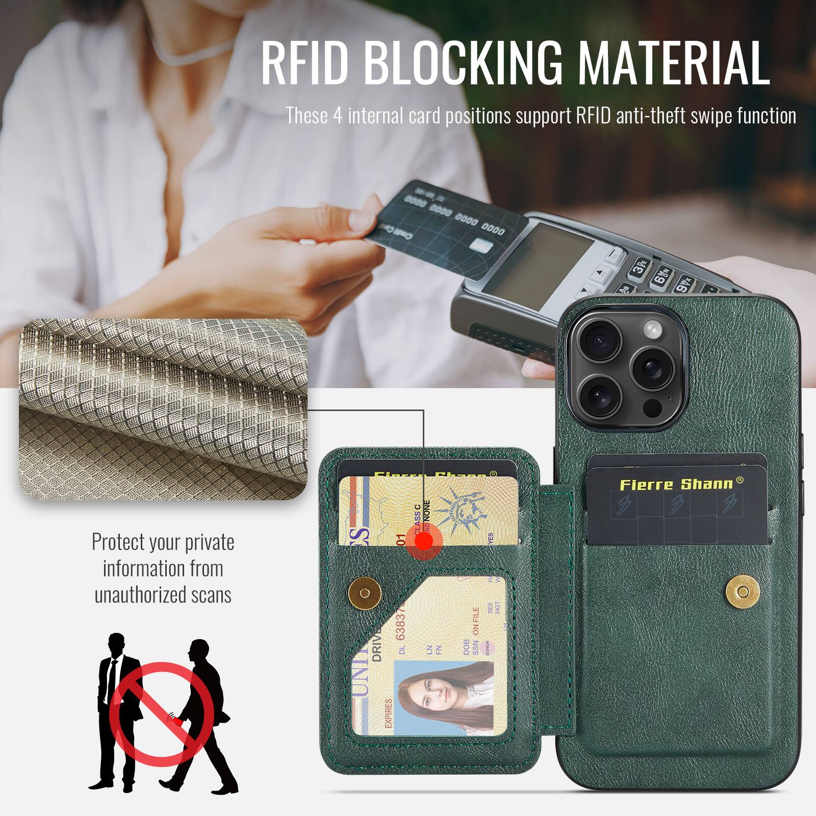RFID BLOCKING MATERIAL

These 4 internal card positions support RFID anti-theft swipe function

Protect your private information from unauthorized scans

Fierre Shann