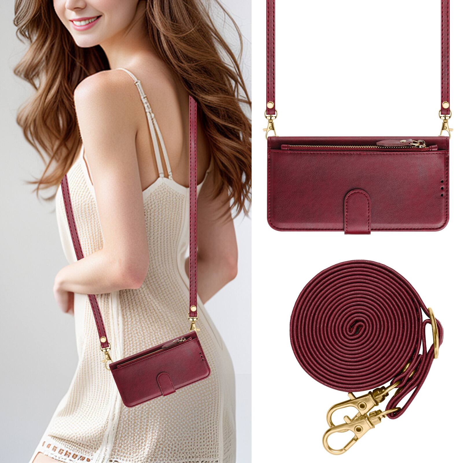 Alt View 3. Dteck - Wallet Case for Samsung Galaxy S26 Ultra, PU Leather Zipper Purse Credit Card Slots Flip Folio Cover with Straps - Winered.