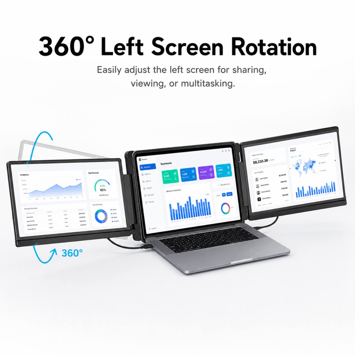 360° Left Screen Rotation  
Easily adjust the left screen for sharing, viewing, or multitasking.