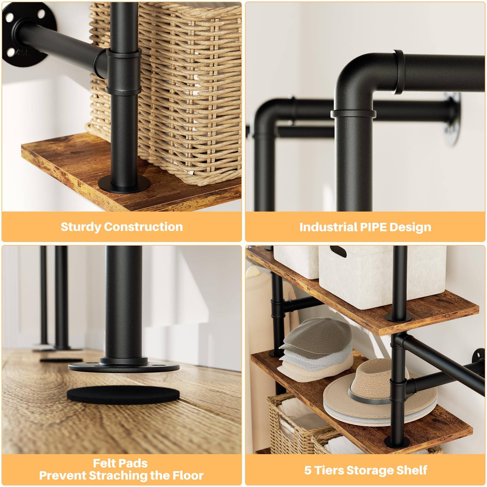 Aheaplus 6.42FT Reversible Industrial Pipe Clothing Rack Heavy Duty 5 ...