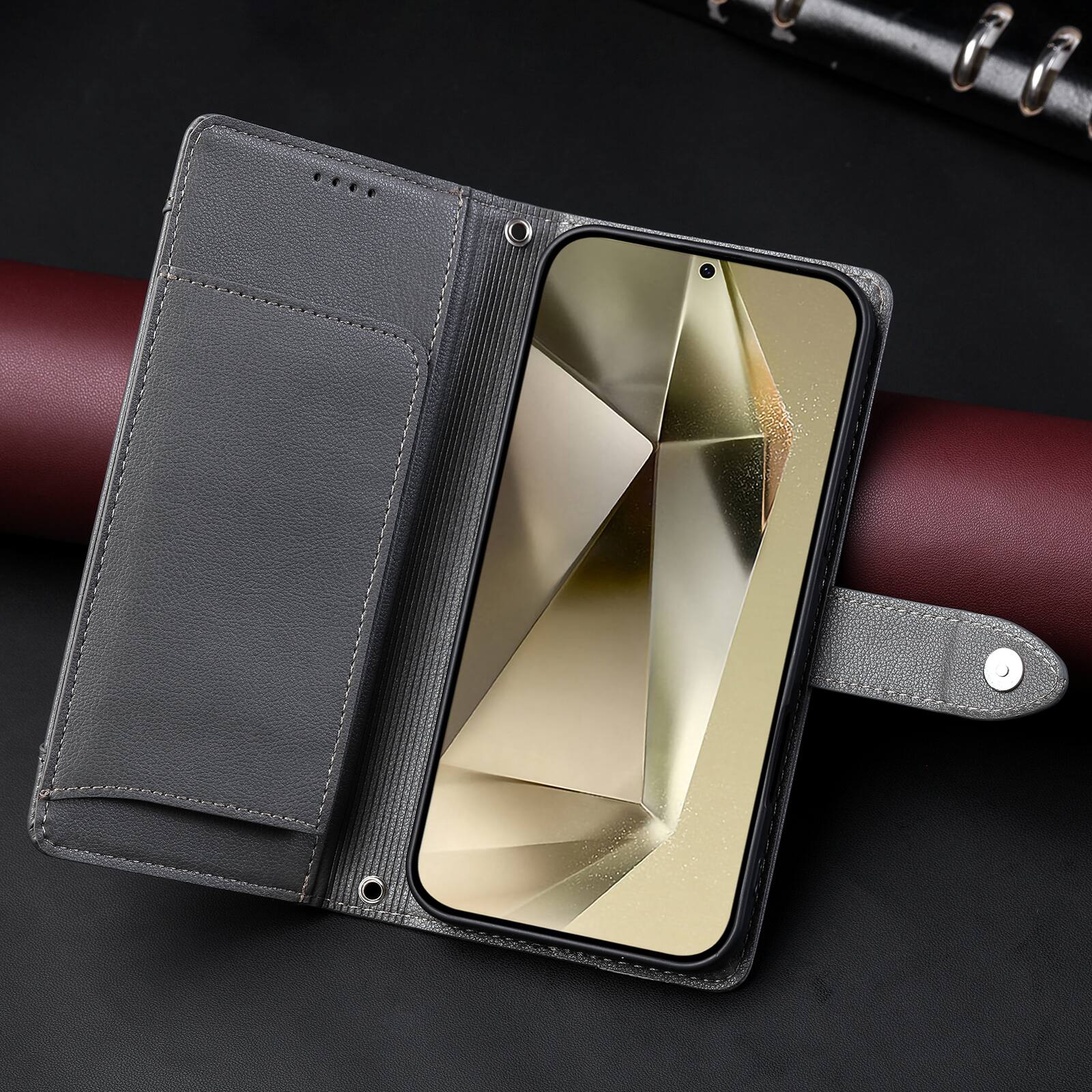 Back. Dteck - Wallet Case for Samsung Galaxy S25+ Crossbody Premium Leather Flip Kickstand Zipper Card Slot Cover With Strap+Lanyard - Gray.