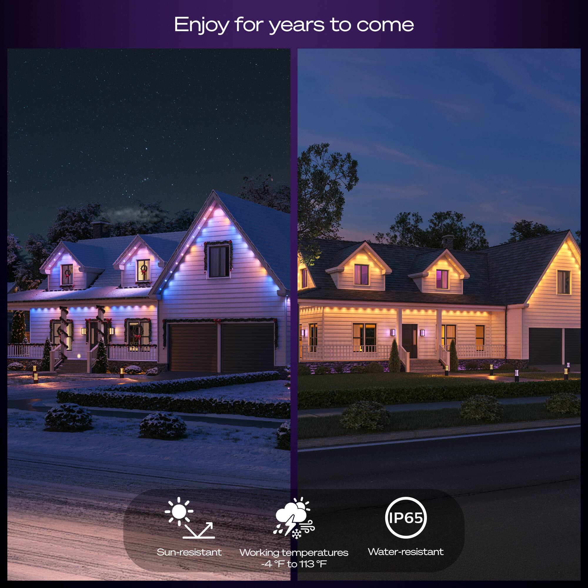 Enjoy for years to come

- IP65
- Sun-resistant
- Working temperatures: -4°F to 113°F
- Water-resistant