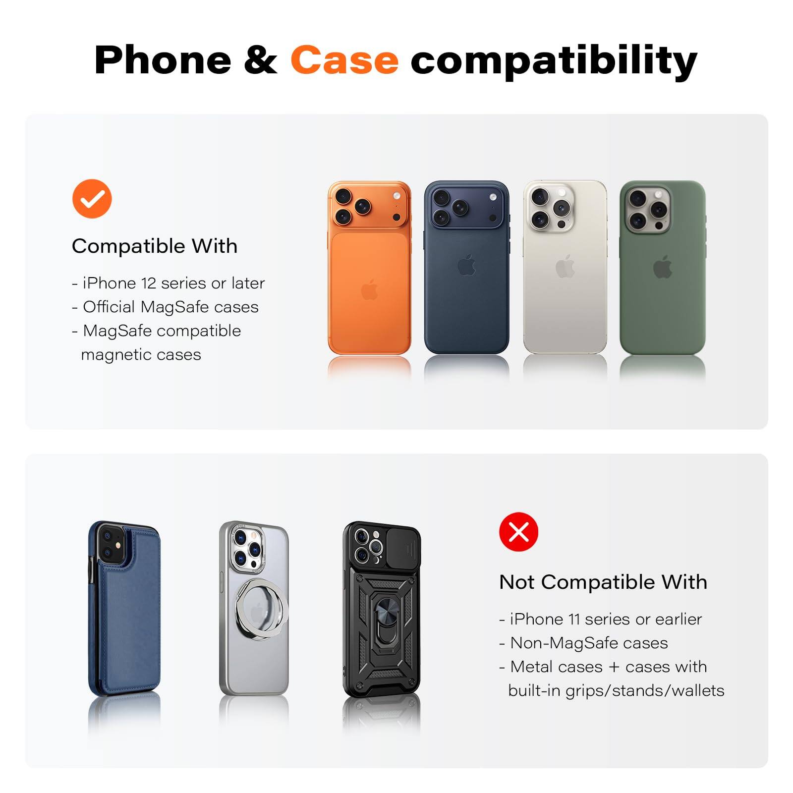 Phone & Case compatibility

Compatible With
- iPhone 12 series or later
- Official MagSafe cases
- MagSafe compatible magnetic cases

Not Compatible With
- iPhone 11 series or earlier
- Non-MagSafe cases
- Metal cases + cases with built-in grips/stands/wallets