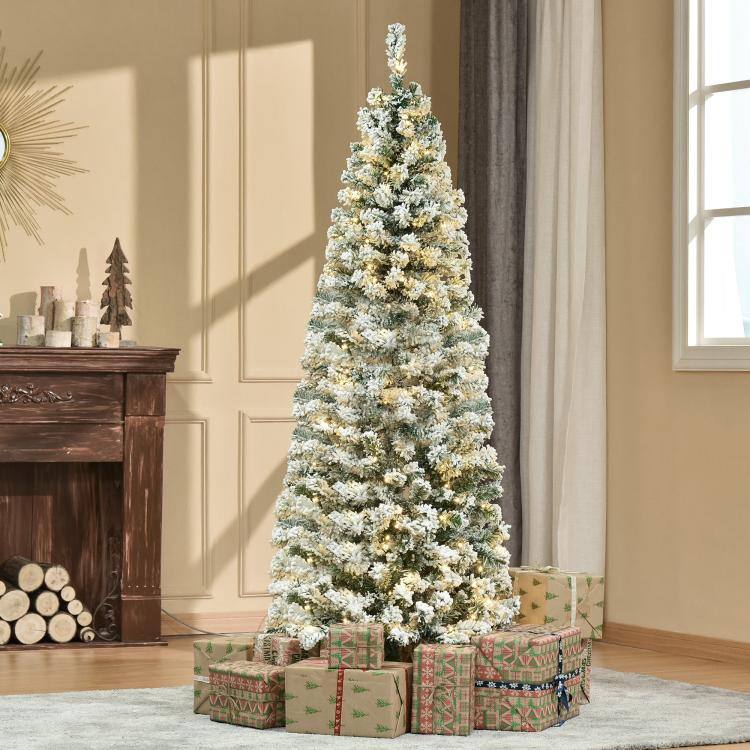 Alt View 1. PULUZ - 6ft Pre-Lit Snow-Flocked Slim Douglas Fir Artificial Christmas Tree with Realistic Branches, 250 LED Lights and 462 Tips - Green.