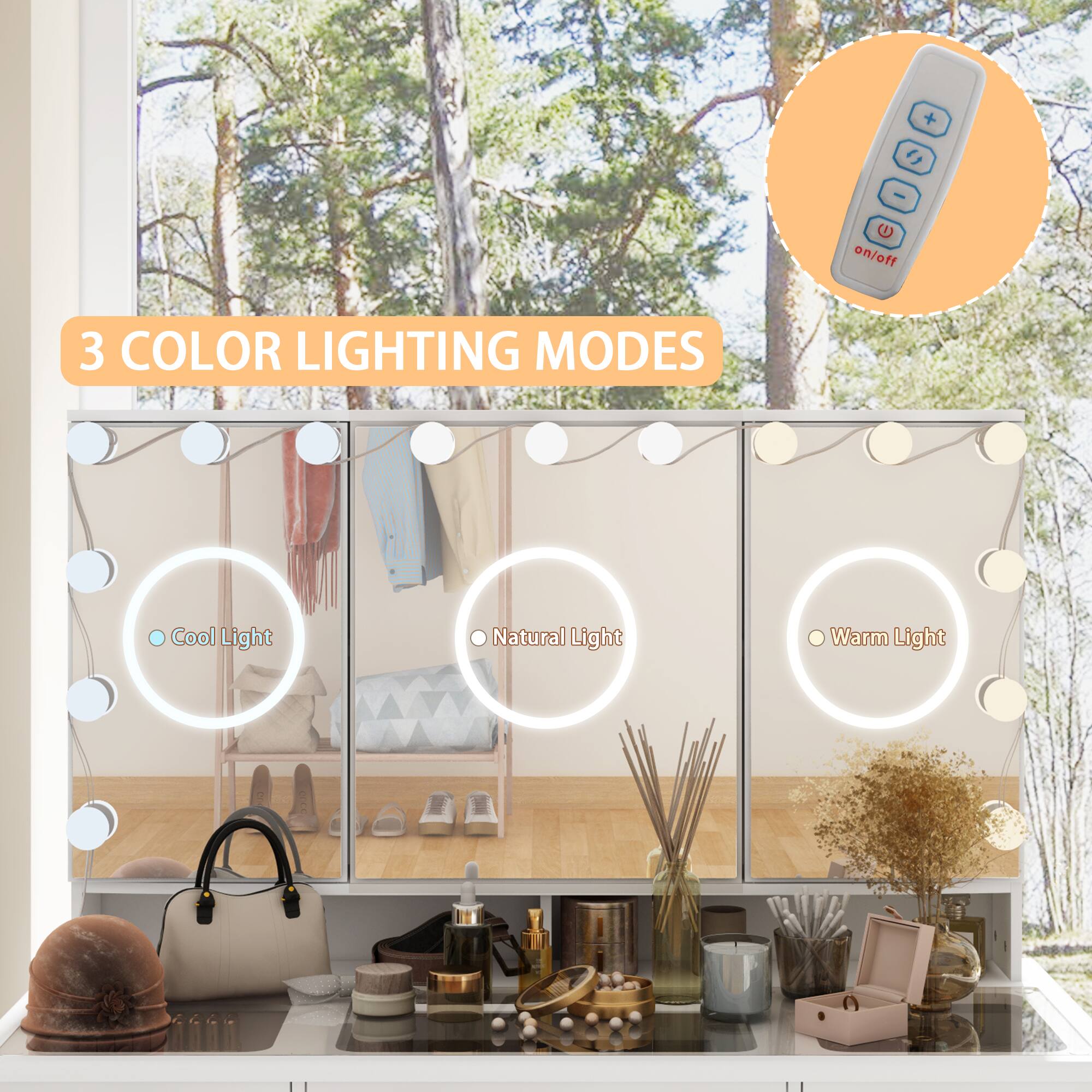 The text in the image can be grouped and corrected as follows:

- "3 COLOR LIGHTING MODES"
- "Cool Light"
- "Natural Light"
- "Warm Light"

The remote control shows "on/off" functionality.