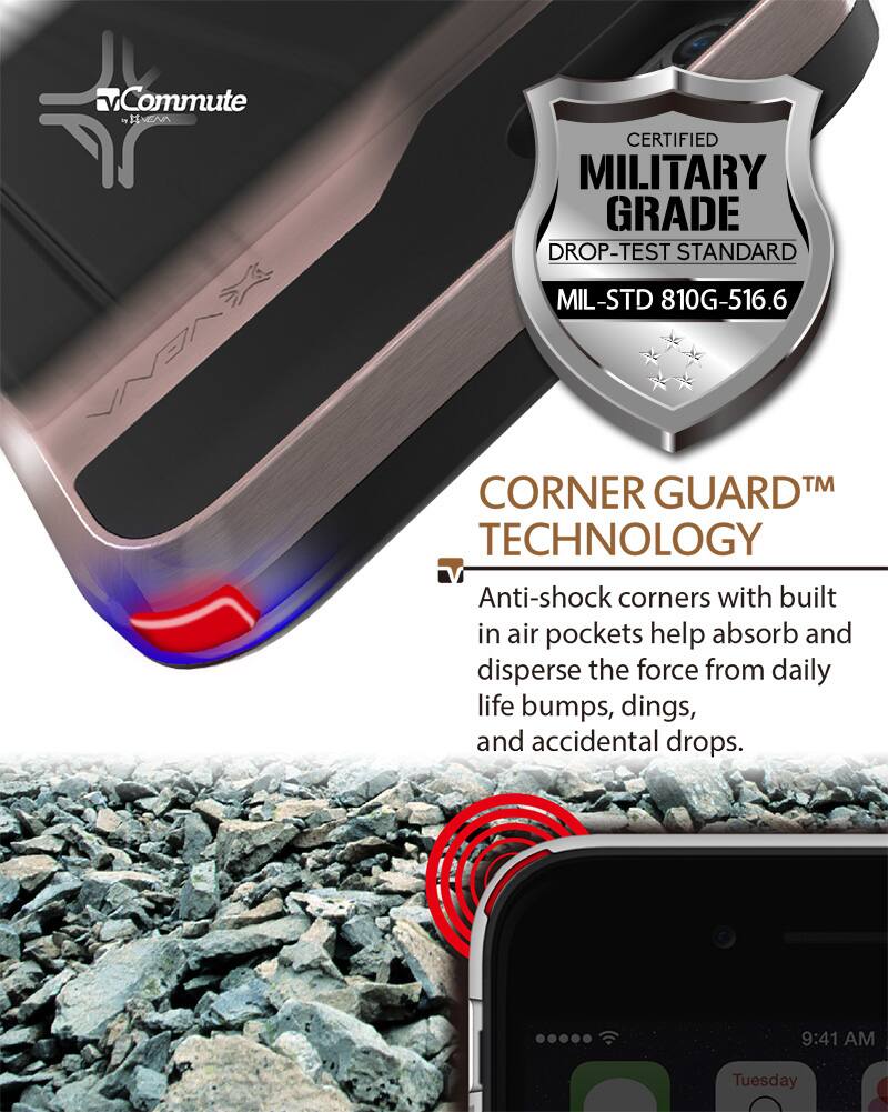 Commute in HEA WNEA CERTIFIED MILITARY GRADE DROP-TEST STANDARD MIL-STD 810G-516.6 CORNER GUARD™ TECHNOLOGY Anti-shock corners with built in air pockets help absorb and disperse the force from daily life bumps, dings, and accidental drops. 9:41 AM Tuesday