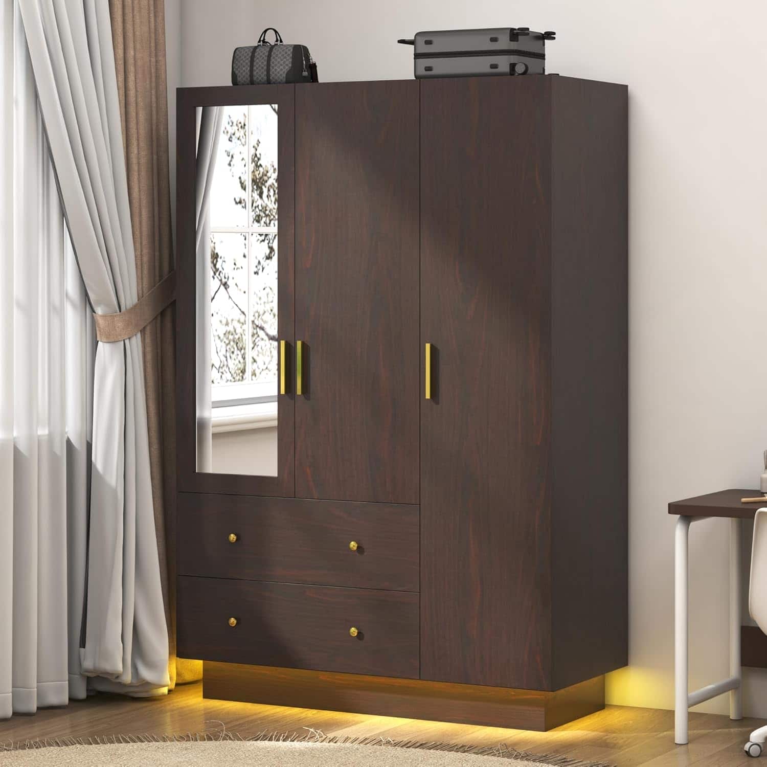 Espafurni - 3 - Door Wardrobe with Mirror for Bedroom - LED Lights, Drawers, Shelves, Hanging Rod - Black