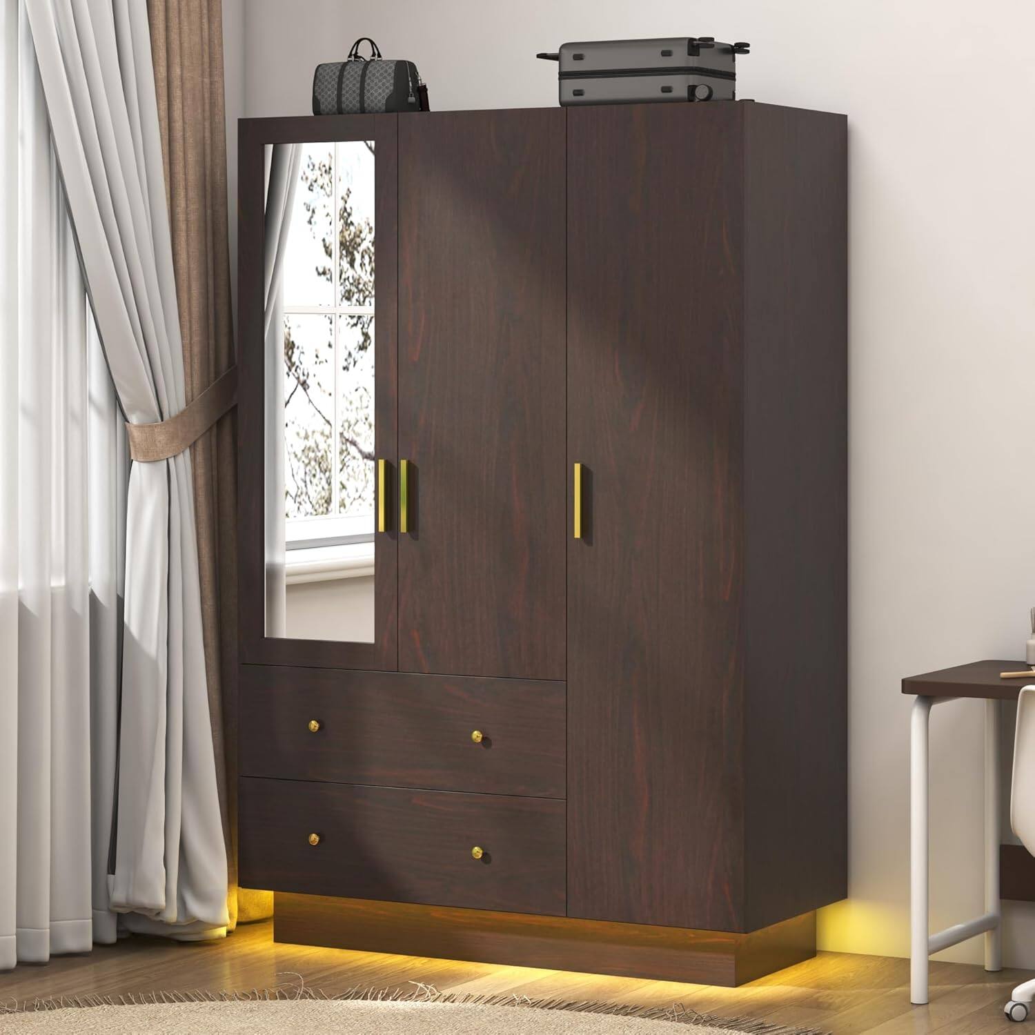 Front. Espafurni - 3 - Door Wardrobe with Mirror for Bedroom - LED Lights, Drawers, Shelves, Hanging Rod - Black.