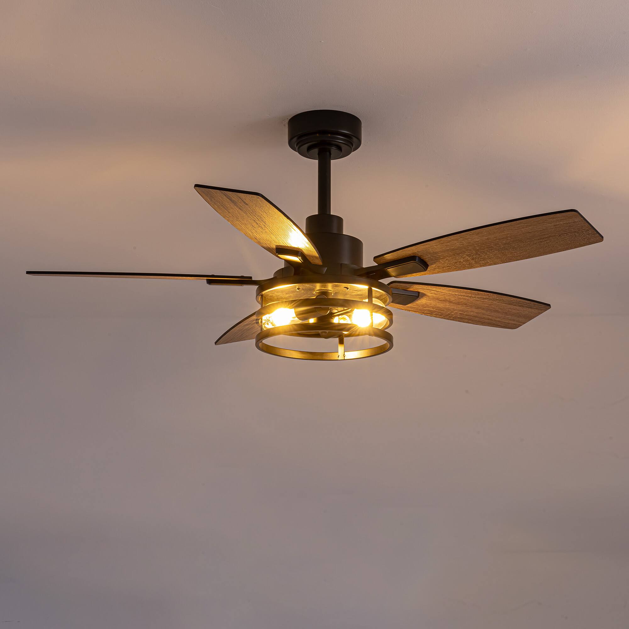 Alt View 1. Siljoy - 46-Inch Rustic Cage Ceiling Fan 5 Blades Industrial Metal Design App Remote Control for Living Room Bedroom Patio - Black.